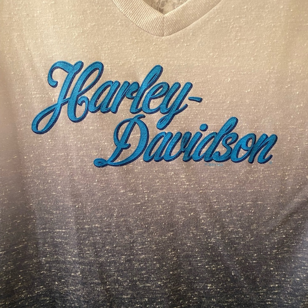 Harley-Davidson Yellowstone Bozeman Montana V-Neck Tee Ombre Blue Size M - Picture 3 of 8
